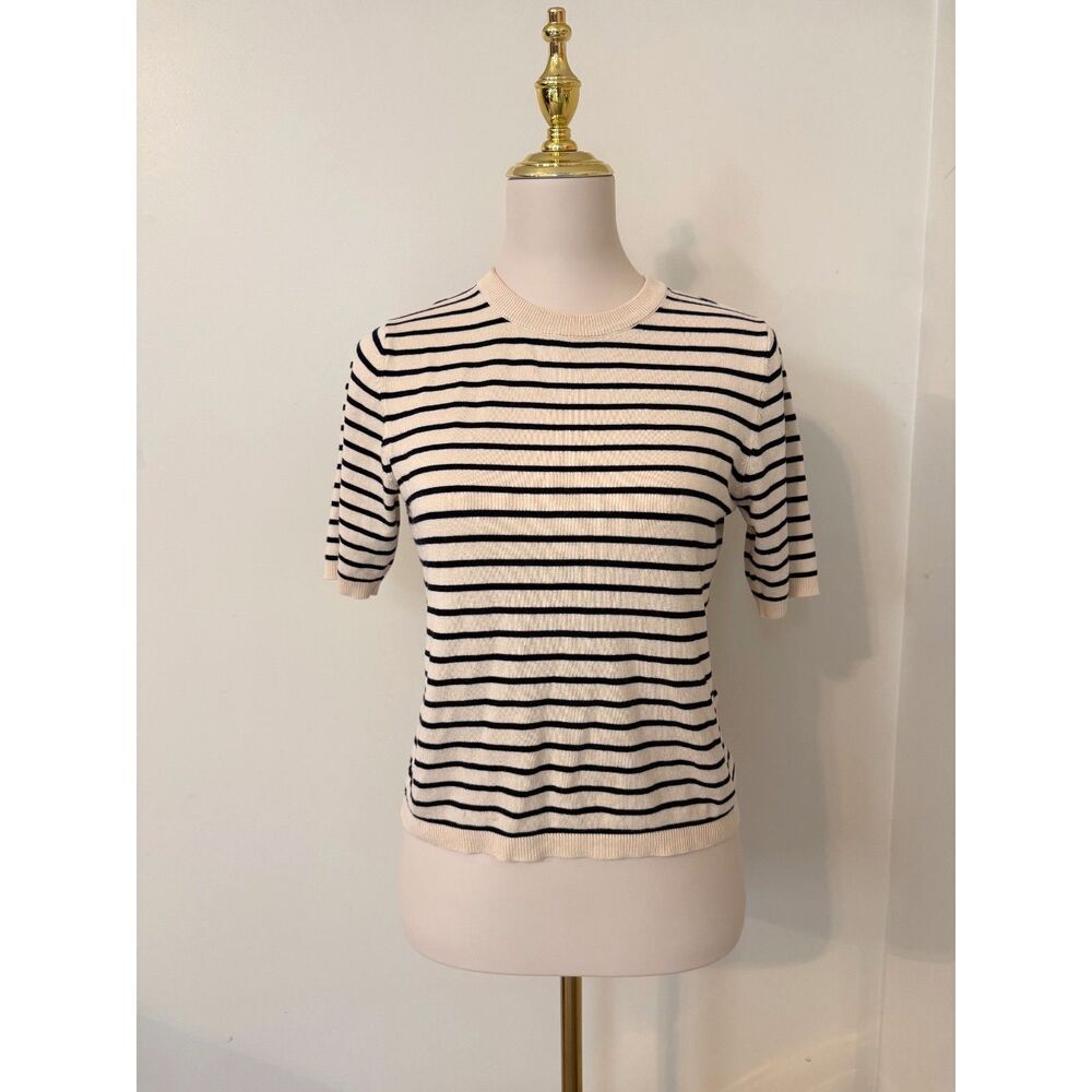Zara Striped Short Sleeve Knit Sweater Top Cream Black Size M Viscose Blend